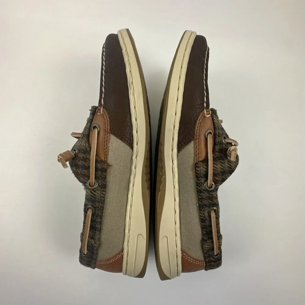 Sperry Boat Shoe Flat Loafer Brown Pebbled Leather Plaid Memory Foam Womens 8.5